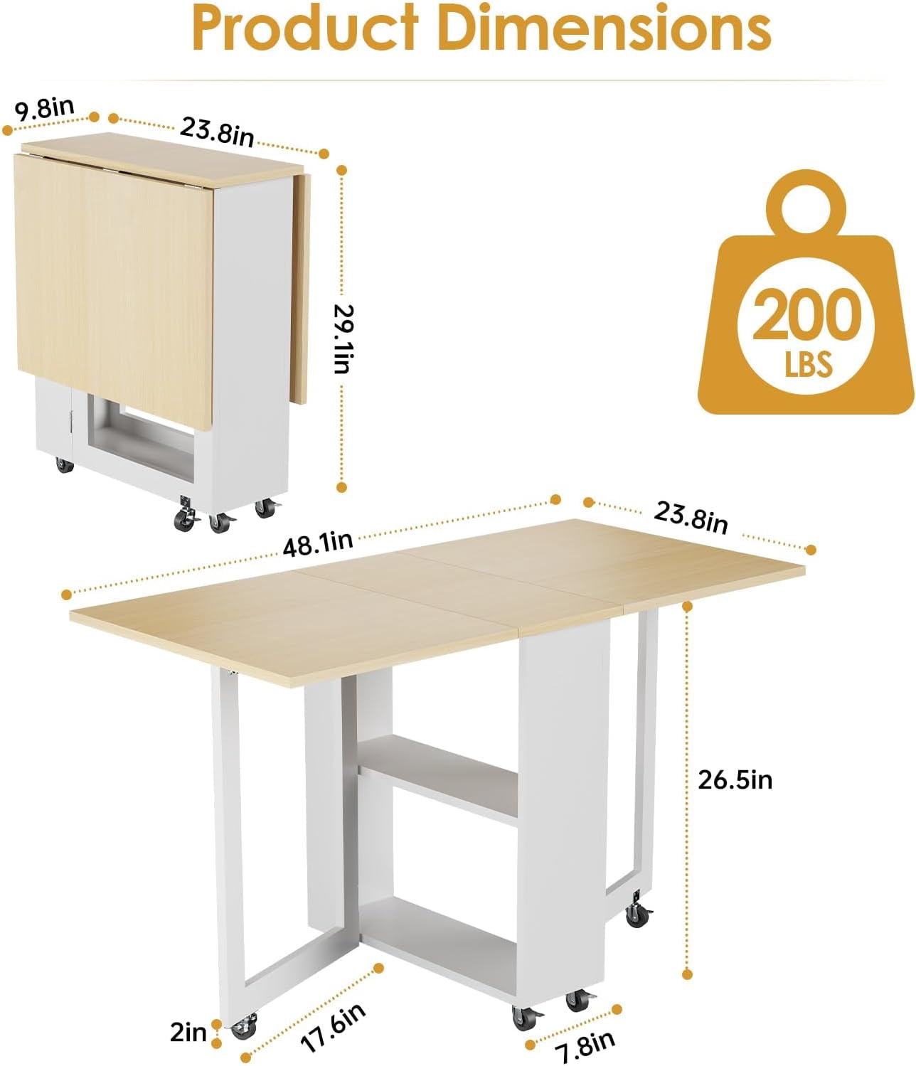 Kuublock Folding Dining Table with 2 Storage Racks, Space Saving Dining Table with 6 Wheels, Kitchen Table for Small Spaces