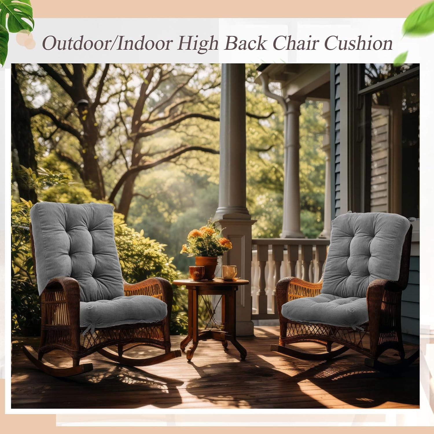 4 Set Outdoor Patio Chair Cushions Corduroy Seat High Back Tufted Pillow Replacement Rocking Patio Chair Pads for Outdoor Indoor Home Office (Gray)