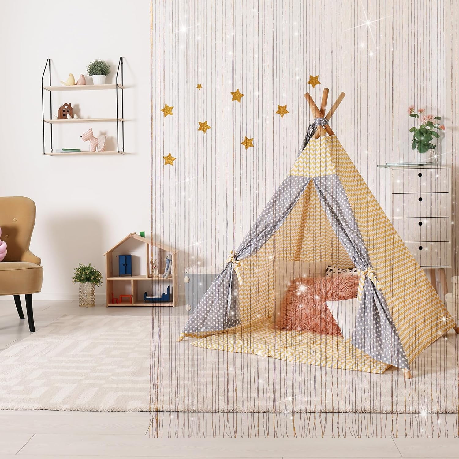 4 Pieces Glitter String Curtains Doorway Beads Curtains, 39 x 79 Inch Hanging Fringe Hippie Room Divider Door String Curtain Boho Doors Tassel for Doorways, Windows, Closet, Privacy Decor (Gold)