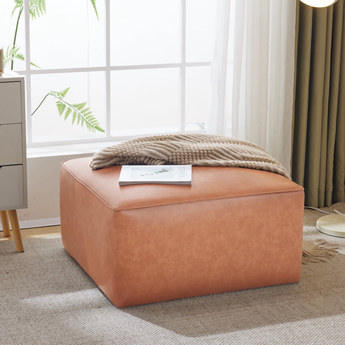 Square PU Leather Ottoman Tan Brown Modern Upholstered Furniture