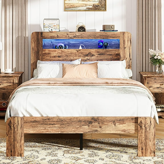 ENYOPRO Twin Bed Frame with Storage Headboard, Wood Platform Bed with LED Strips and Charging Station, Heavy Duty Mattress Foundation, Hold 350 LBS, Easy Assembly, Brown