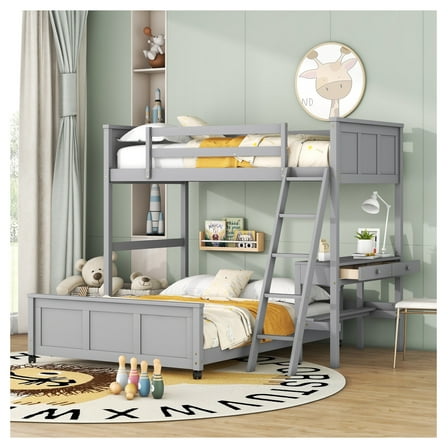 Twin Over Full Bunk Bed with Desk & Storage, Gray