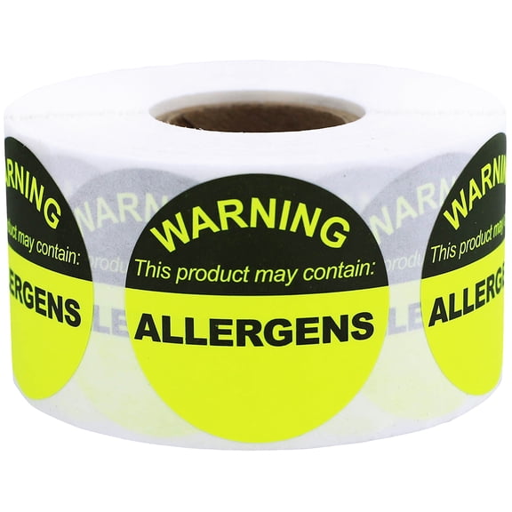 Food Allergen Warning Stickers Fluorescent Yellow 1 1/2 Inch Round Circle Dots 500 Total Adhesive Stickers
