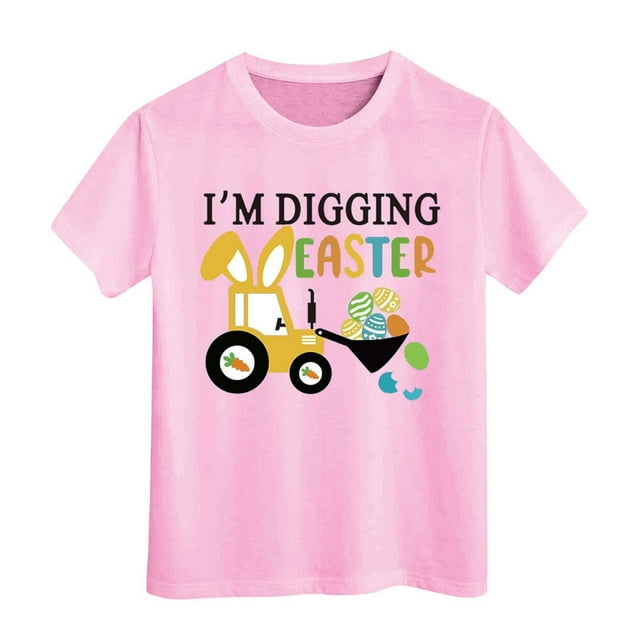 PMVFHDE T-Shirt Graphique à Manches Courtes Imprimé Lapin de Pâques pour Enfants, Col Rond, Décontracté, Printemps Été, Rose, 4-5 Ans