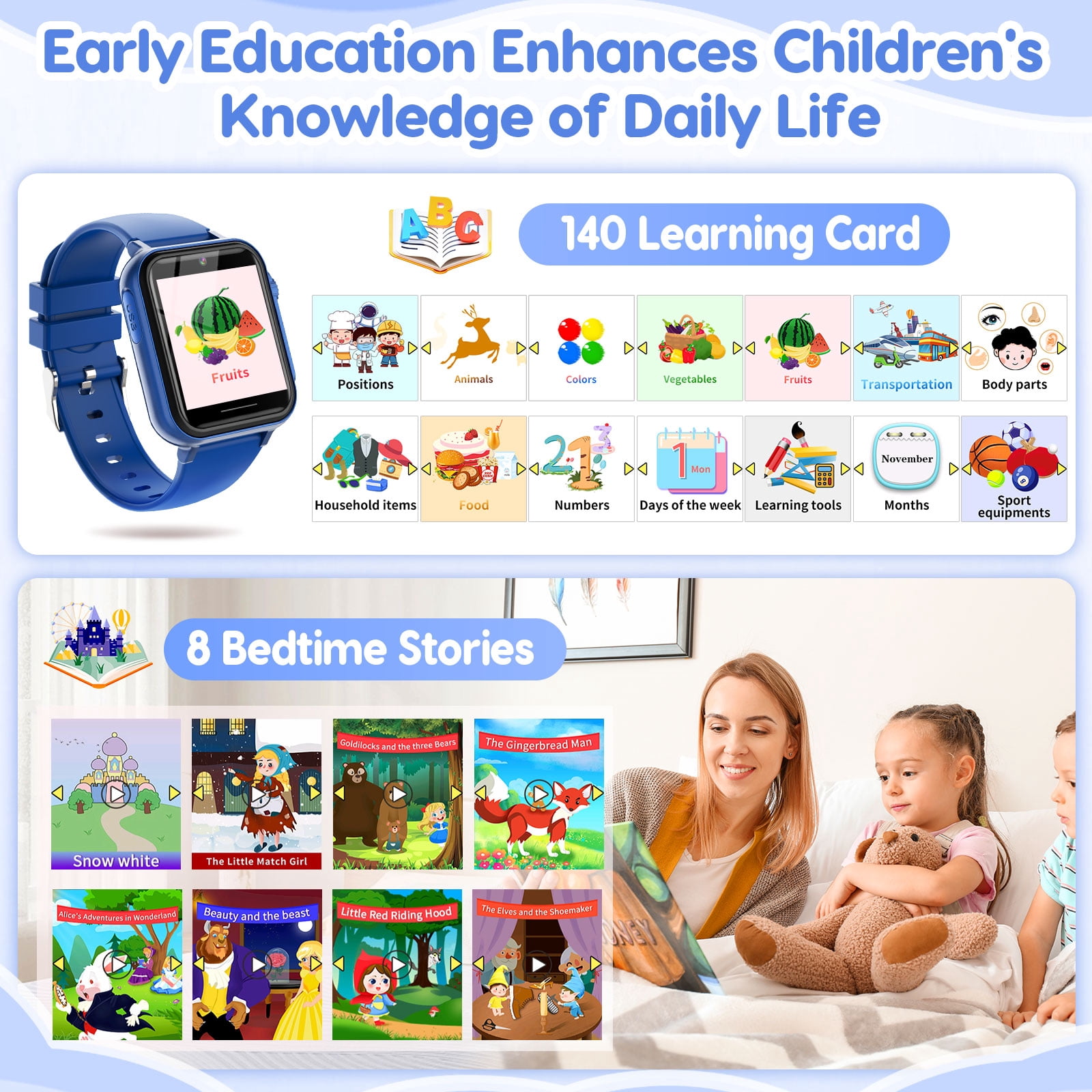 Eurhowing Kids Smart Watch Age 3-12, 31 Games, Learning Cards, HD Touch Screen, Camera, Music, Audiobook, Pedometer, Fun & Educational Birthday Gift Idea, Blue