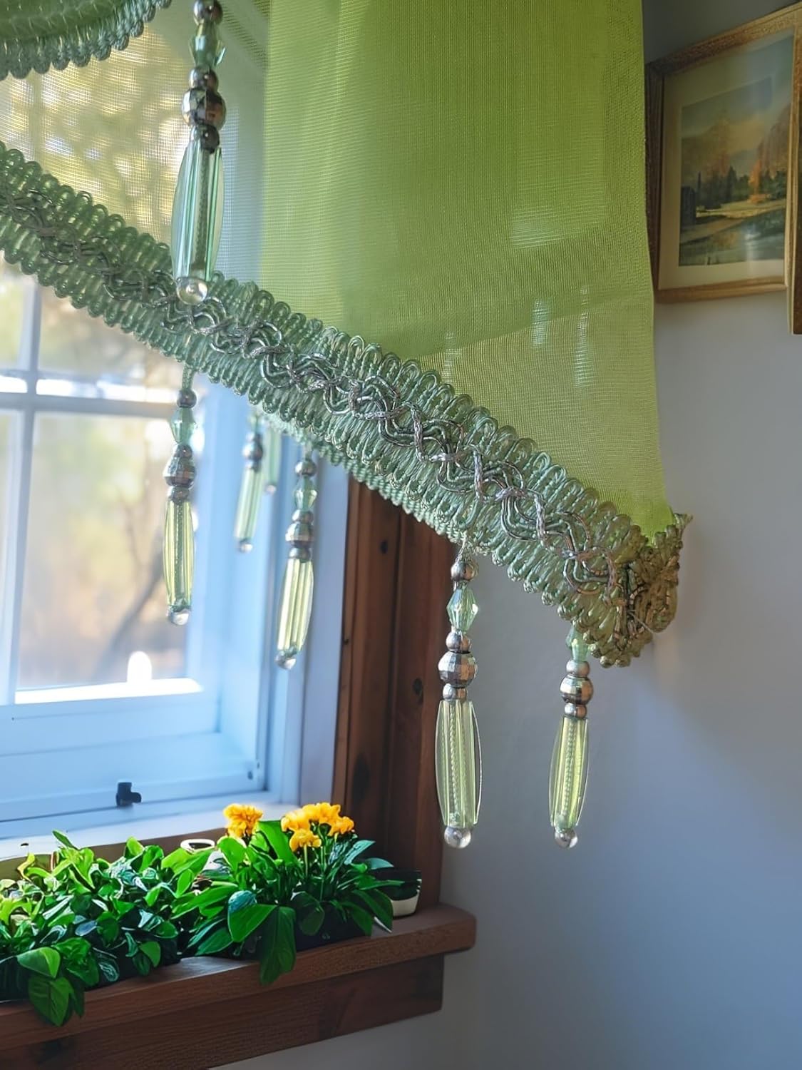 Kiibsot 3-Pack Halloween Beaded Sheer Valance Curtains for Windows, Triangle Sheer Voile Kitchen Swag Curtain Valances Boho Bead Tassels Window Valances for Bedroom Living Room, Each 51 x 24 Inch