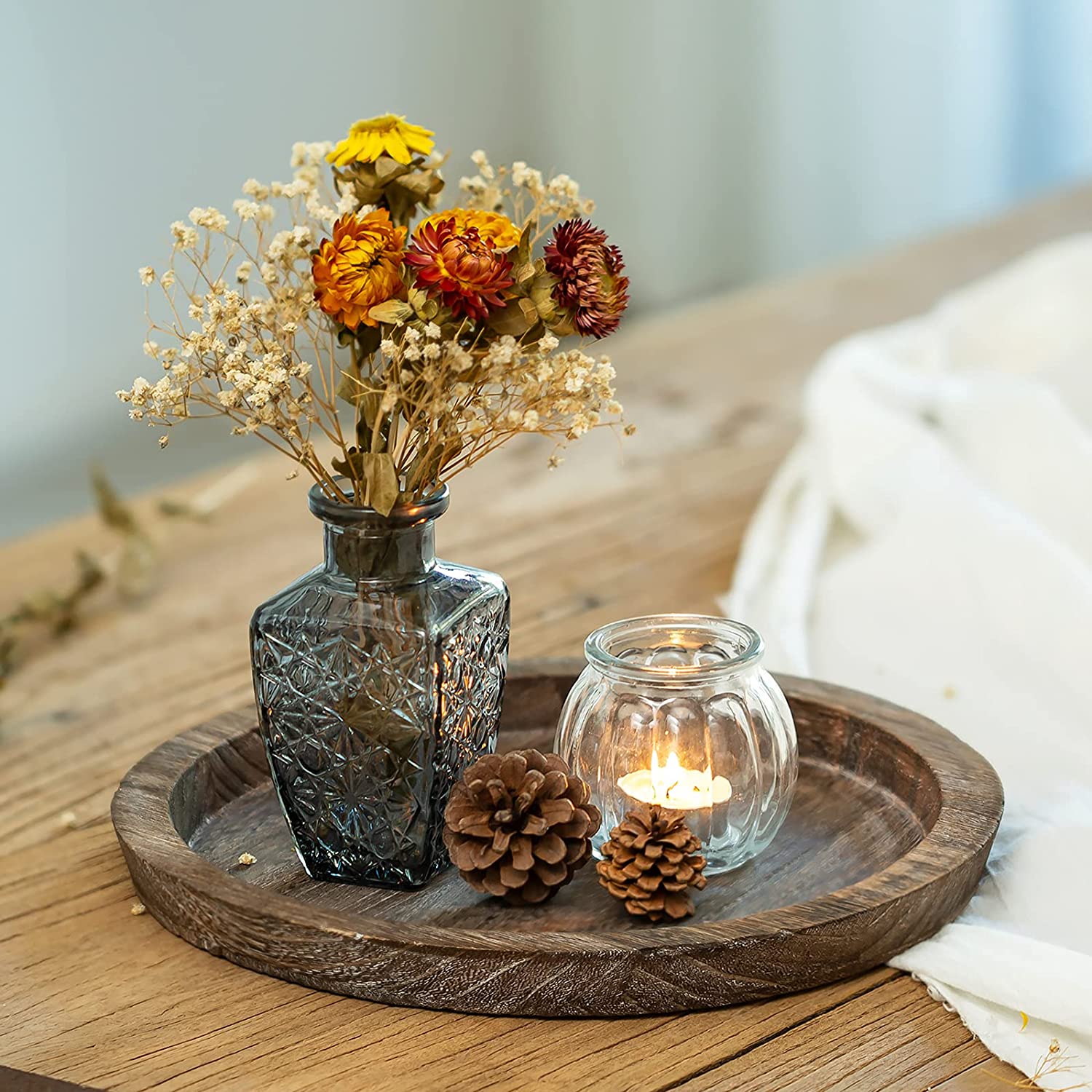 Wooden Decorative Tray Candle Holder: Round Wood Tray Home Decor, Small  Rustic Trays for Coffee Table, Ottoman, Table Centerpieces for Dining Room,  Living Room, Farmhouse Kitchen - Rustic 