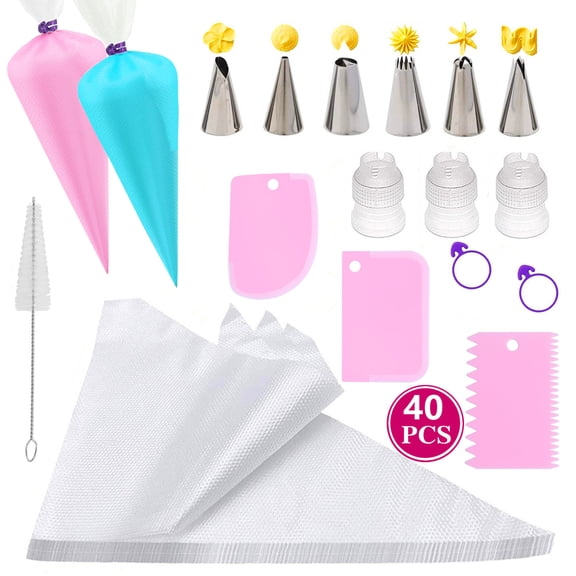 40Pcs Piping Bags and Tips Set, Cake Decorating Kit for Baking with Disposable Pastry Bags and Tips, Silicone Rings, Converters, Cake Decor Tools for Cream Frosting, Cookie Icing Cakes Cupcakes