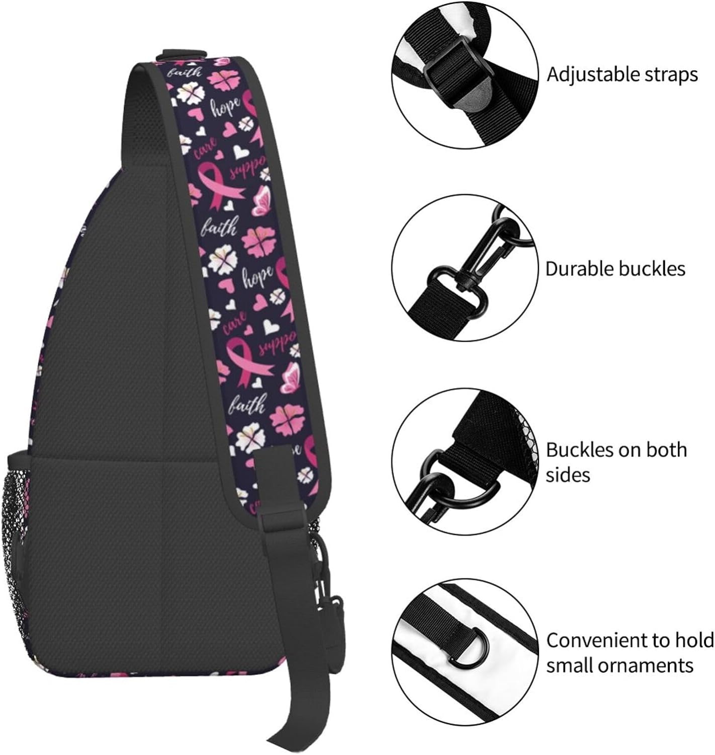 Breast Cancer Awareness Support Faith Love Hope Sling Bag Crossbody Hiking Travel Chest Bags Backpack Shoulder Daypack for Women Men