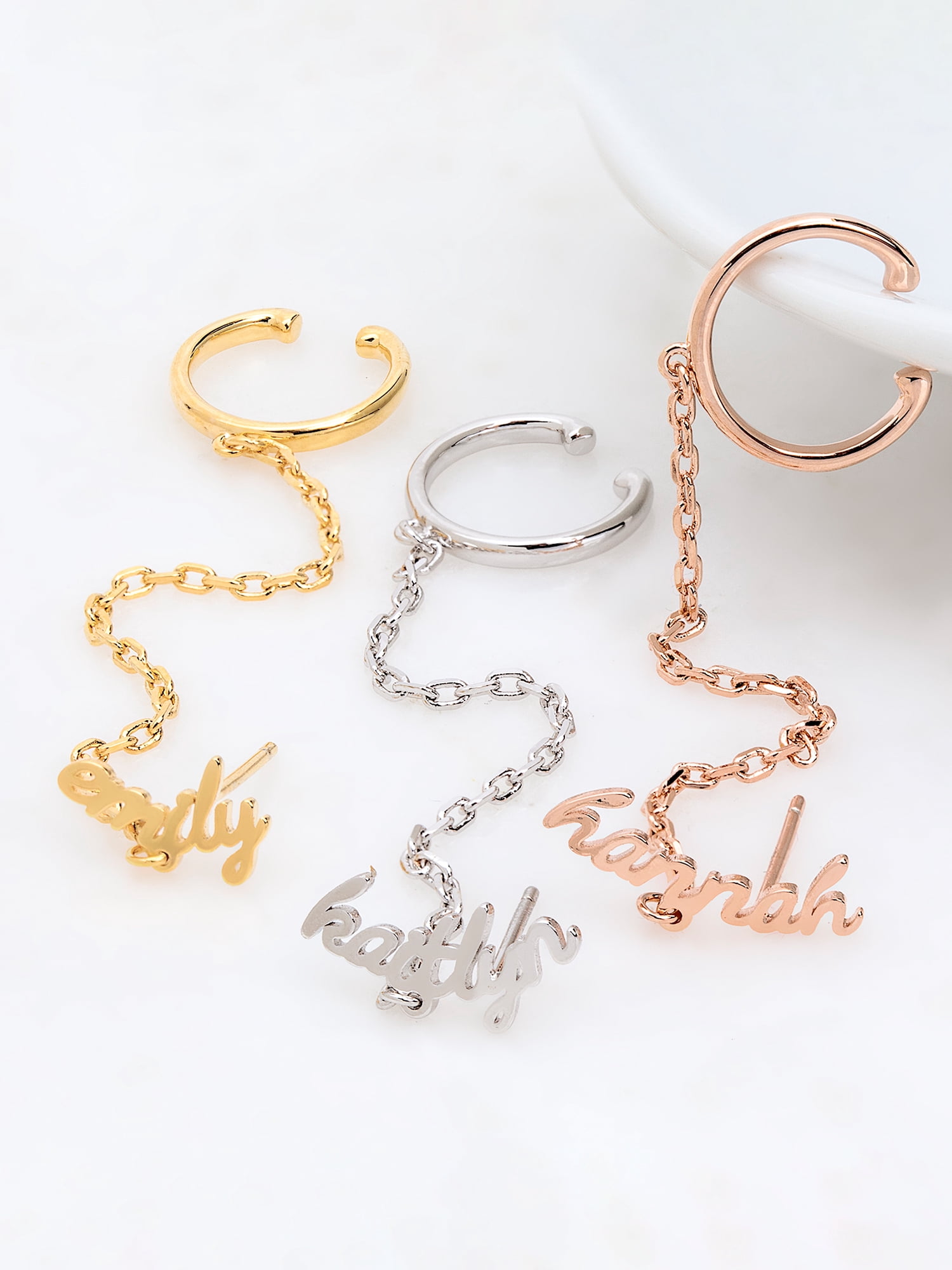 Personalized Planet Sterling Silver Lowercase Script Name Crawler Button with Ear Cuff and Chain Earring ,Women's