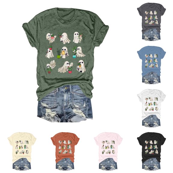 Halloween Shirts for Women Fashionable Floral Print Short Sleeve T Shirt For Day Celebration Round Neck Top Womens T-Shirts and Green L