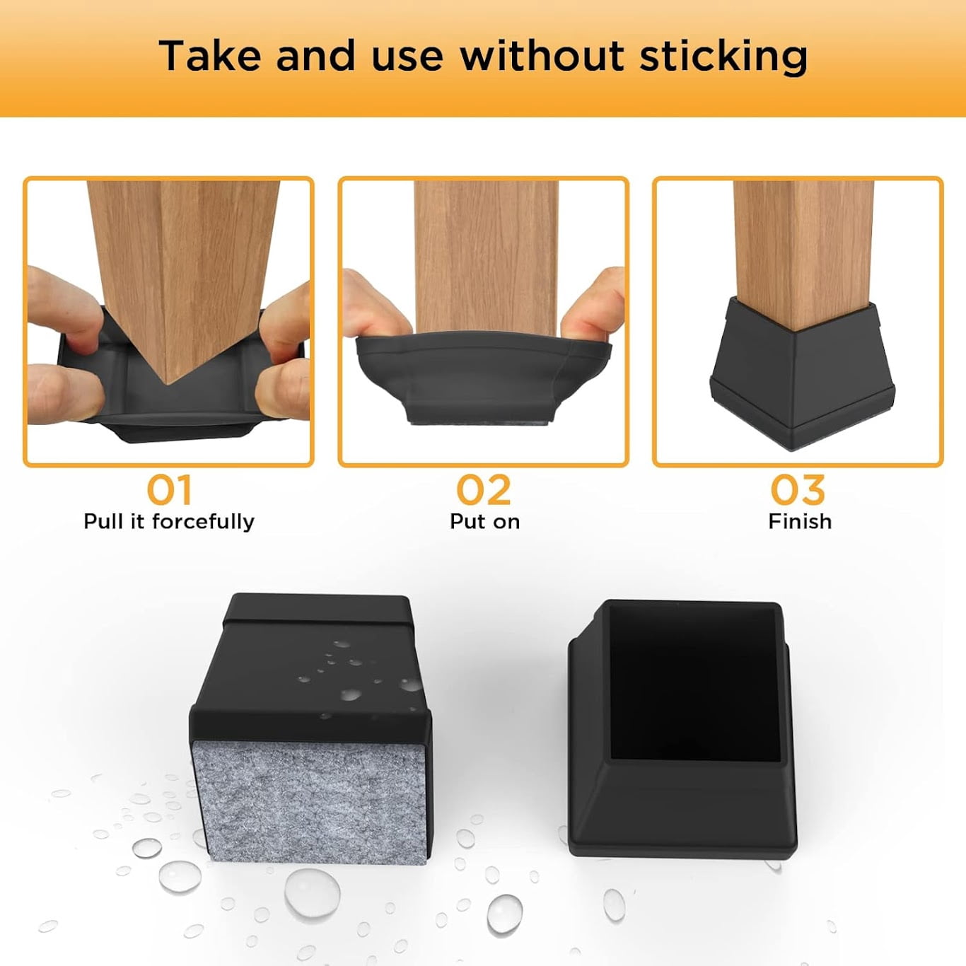 CHWM 16 Pcs Square Chair Leg Floor Protector, Silicone Chair Leg Cover,with Felt, Table Leg Caps, 1 inch Black.