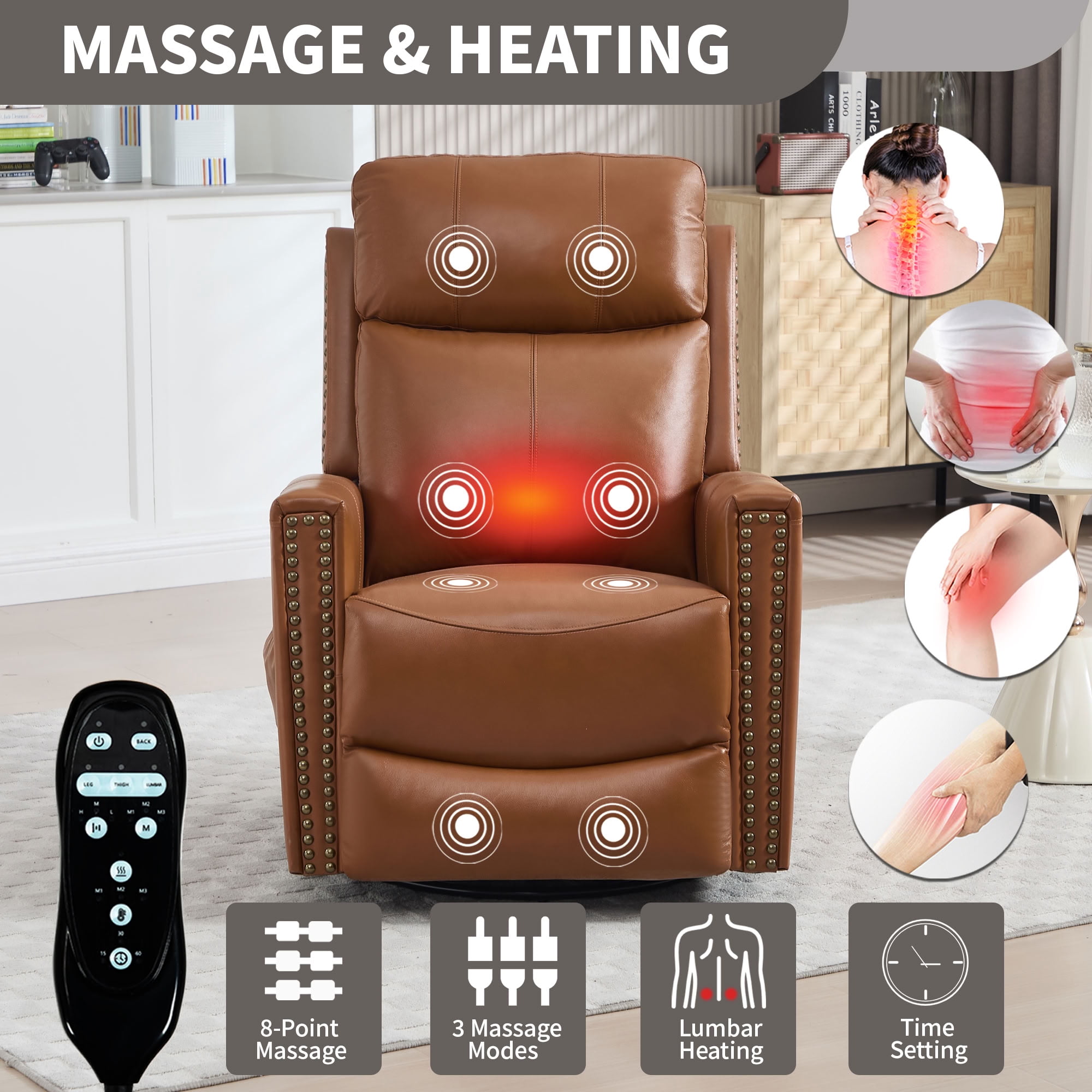 MAYEERTY Genuine Leather Swivel Recliner Chair, Manual Rocker Lounge Chair with 8-Point Massage & Lumbar Heat, for Living Room Home Theater