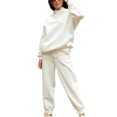 

2-Piece Hoodies Set Solid Color Pullover Sweatshirt & Sweatpants Thick Tracksuit for Casual Sports Loose Fit Long Sleeves Baggy Pants Women s Clothing S White