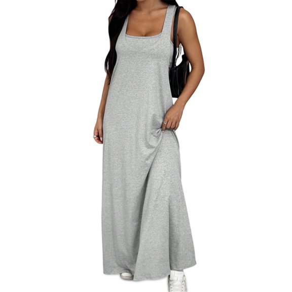 Women'S Two-Piece Sleeveless Square Neck Tank Maxi Dress with Built-in Crop Top Deep Space Gray L