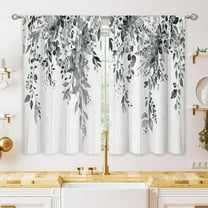 Farmhouse Grey Eucalyptus Small Kitchen Curtains Leaves Window Treatment Black White Wooden Cafe Short Curtains for Bathroom Dining Laundry Room Botanical Tier Treatment Drapes 27.5x39 inch