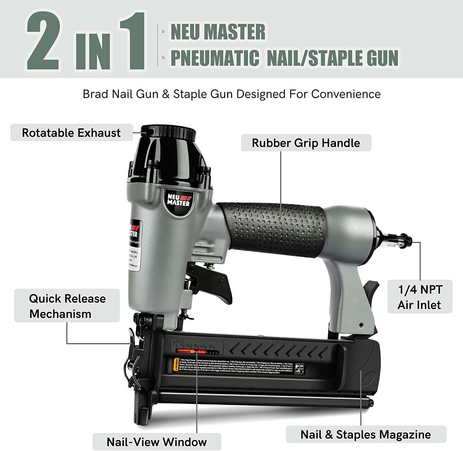 NEU MASTER  Pneumatic Nail Gun, 2 in 1 Staple Gun,Lightweight Portable Brad Nailer for Upholstery, Carpentry, Woodworking, Home Improvement (GRAY)
