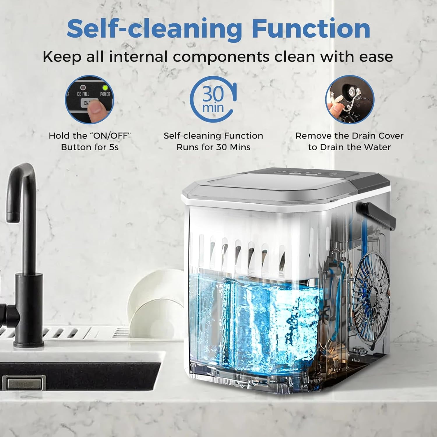 XYGOO Countertop Ice Maker with Self-Cleaning, 9 Ice Cubes Ready in 6-13 Mins, 26.5Lbs/24H, 2 Sizes of Bullet Ice, Portable Ice Machine with Handle, Ice Scoop and Basket for Home Office (Black)