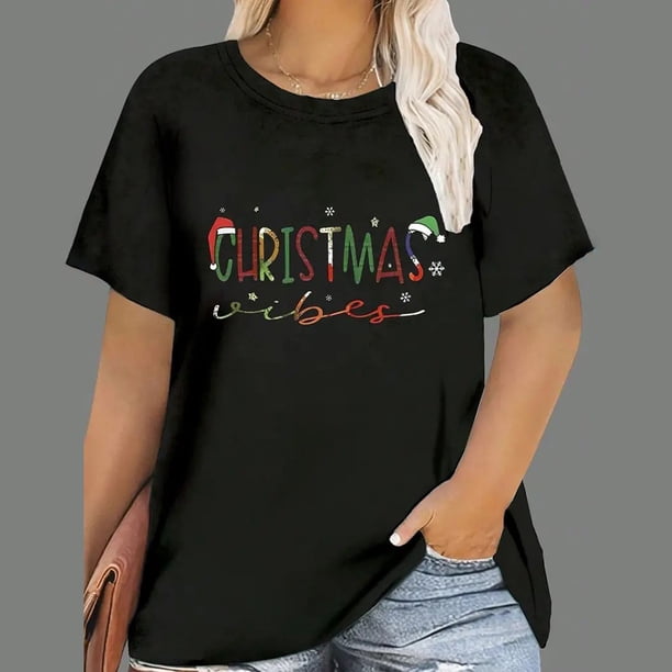 Camisetas de Navidad para mujer, Tops con estampado de dibujos animados de Papá Noel, camisetas de manga corta con cuello redondo, ropa informal de fiesta, Tops de gran tamaño para mujer