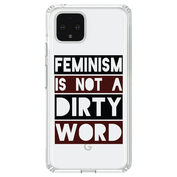DistinctInk Clear Shockproof Hybrid Case for Google Pixel 4 XL (6.3" Screen) - TPU Bumper Acrylic Back Tempered Glass Screen Protector - Feminism is NOT A Dirty Word
