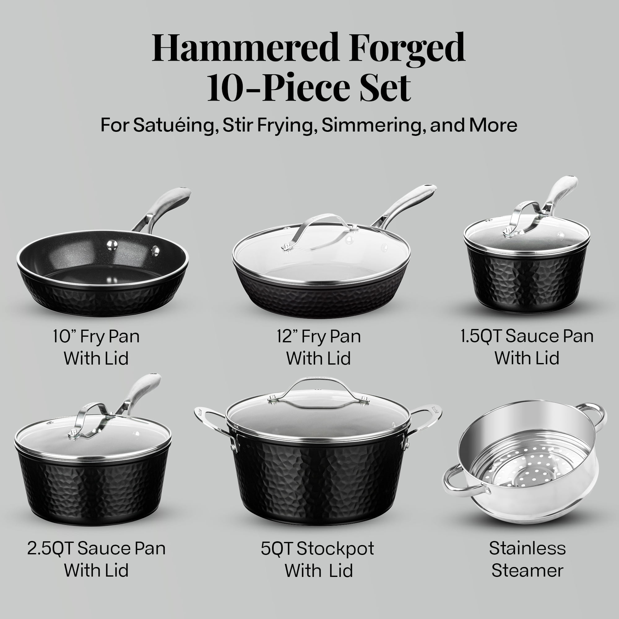Gotham Steel 10 Pc Hammered Pots and Pans Set Non Stick, Easy Clean Kitchen Ceramic Cookware Set Nonstick, Long Lasting Pot and Pan Set with Skillet/Sauce Pan, Oven Safe, No Forever Chemicals, Black