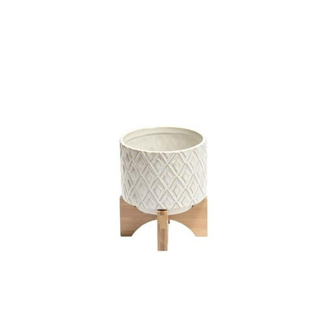Wooden Vase Stand Benzara BM188208 Diamond Patterned Ceramic Flower Pot with Wooden Round Stand - White & Brown - Small - 5.5 x 5.5 x 6.75 in. ()