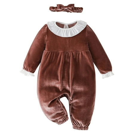 

LBECLEY 1St Birthday Dress for Baby Girl Baby Girls Cotton Solid Autumn Long Ruffle Sleeve Romper Jumpsuit Headbands Clothes Skirted Romper for Girls Brown 3Y