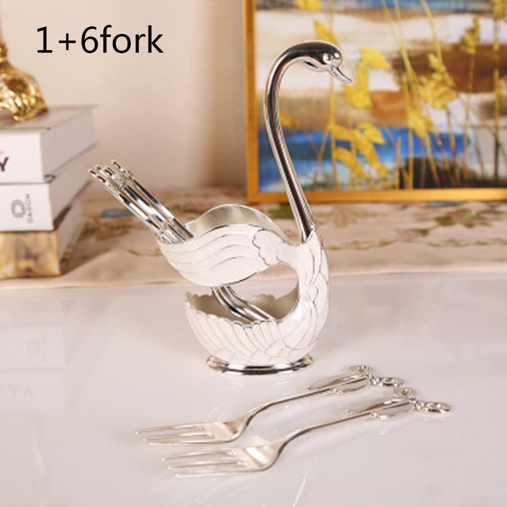 304 Stainless Steel Fruit Cake Fork Coffee Tea Spoon in Swan Holder Cutlery Set 