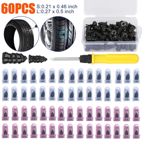 61 PCS Tire Repair Rubber Nail, Vacuum Tire Repair Kits Spiral Rubber Screws, Fast Self-Service Tool for Car, Truck, Motorcycle, Tractor Tire Puncture Repair Screwdriver Tool Set w/Box