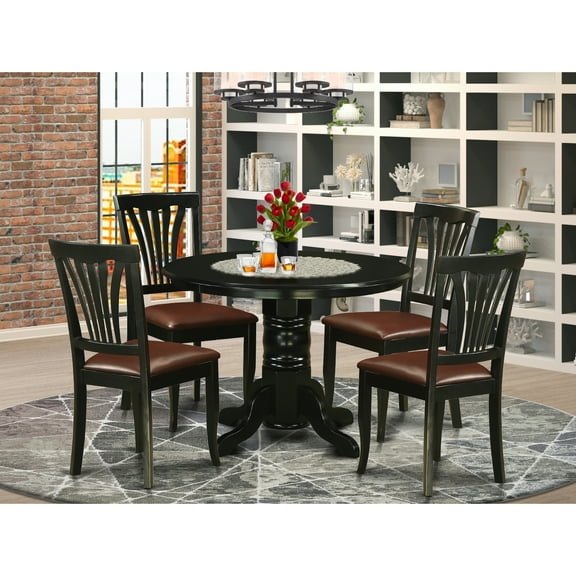 Modern 5 Piece Dining Set - Round Kitchen Table & 4 Faux Leather Chairs - 42 Inch - Black