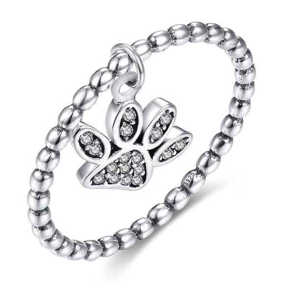Sterling Silver Womens Cartoon Dog Footprint Ring 925 Silver Oxidized Zircon Inlay Birthday Gift
