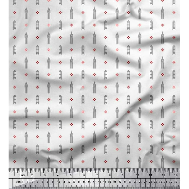 Soimoi Georgette Viscose Fabric Curve Diamond & Clock Tower Architectural Print Fabric by Yard 42 Inch Wide