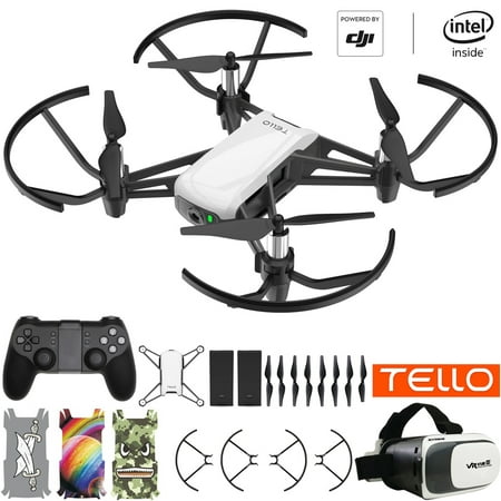 Tello Quadcopter Beginner Drone powered by DJI technology VR HD Video Premium Package with Extra Battery Remote Controller VR Goggles and Skin (Best Quadcopter For Filming)