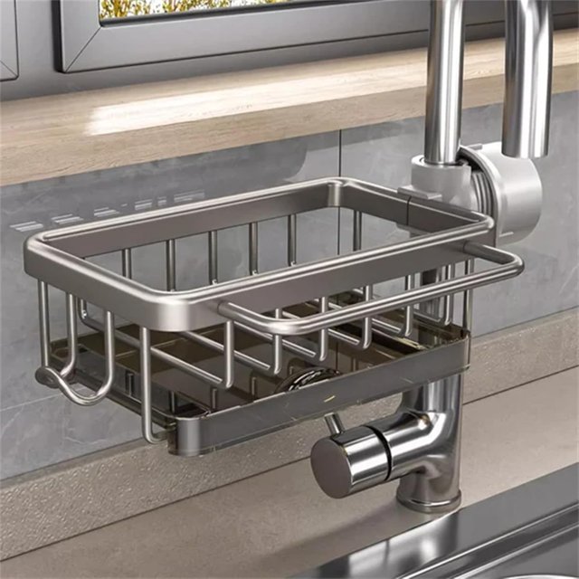 Kitchen Sink Faucet Organizer, New Sponge Holder for Kitchen Sink, Sink Organizer Rack for Kitchen, Multifunction Organizer Rack, for Bathroom, Scrubbers, Faucet, Soap (Gray, Install on The Left)