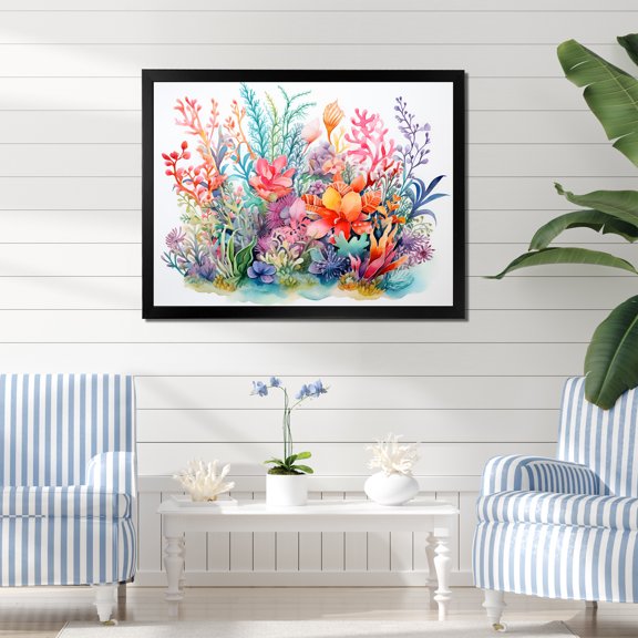 Designart "Watercolor Coastal Coral IV" Animals Framed Wall Art Decor - Coastal Coral Coastal Coral Under Water Living Room Framed Canvas Art