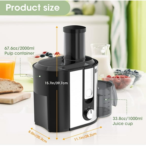 800W Centrifugal Juicer with 3 Inch Wide Mouth Feed Chute, Stainless Steel Fruit Vegetable Extractor for Easy Cleaning