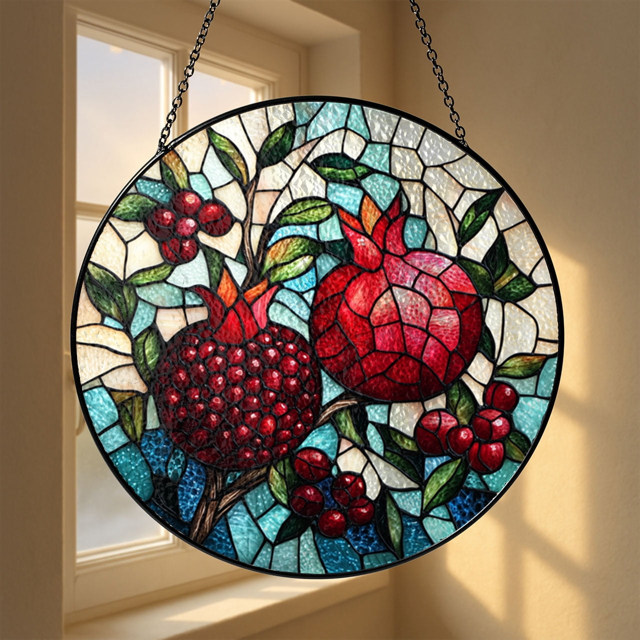 Faux stained glass pomegranate and blossom panel, cheerful kitchen window art