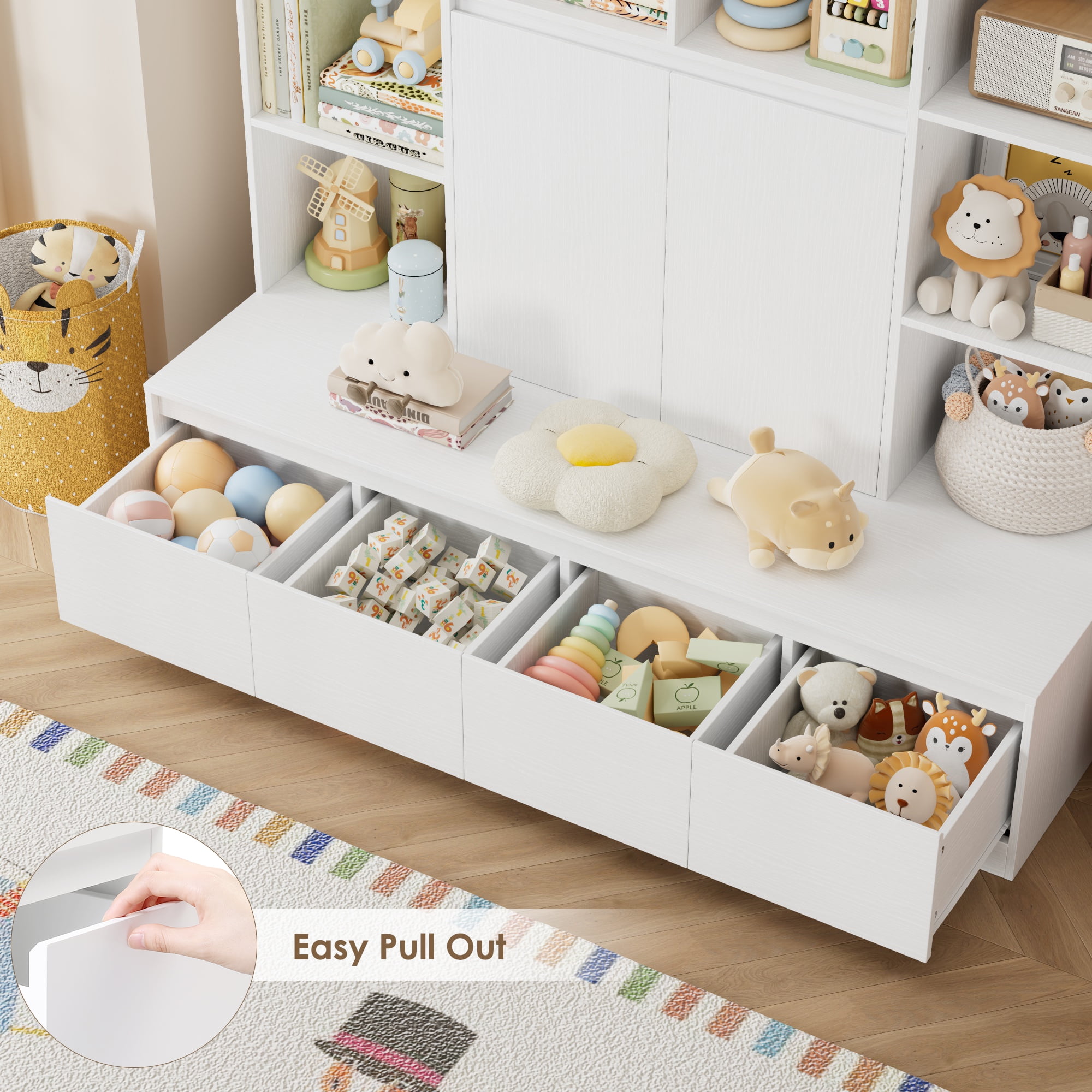 Homfa 10 Cubes Kids Toy Storage Organizer, 4 Drawers Kids Bookcase and Bookshelf with Doors & Adjustable Shelves for Playroom Kids Room, White