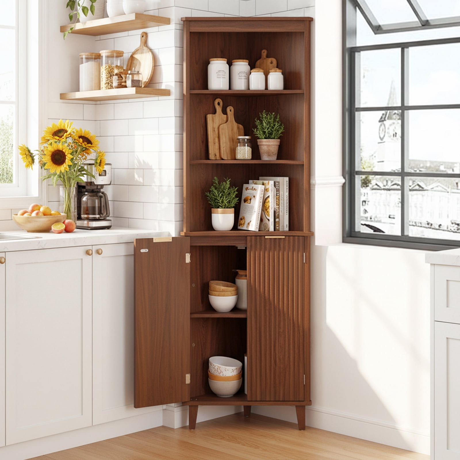Costway 68" Tall Corner Bathroom Cabinet with Fluted Doors, 6-Tier Bathroom Storage Cabinet Walnut