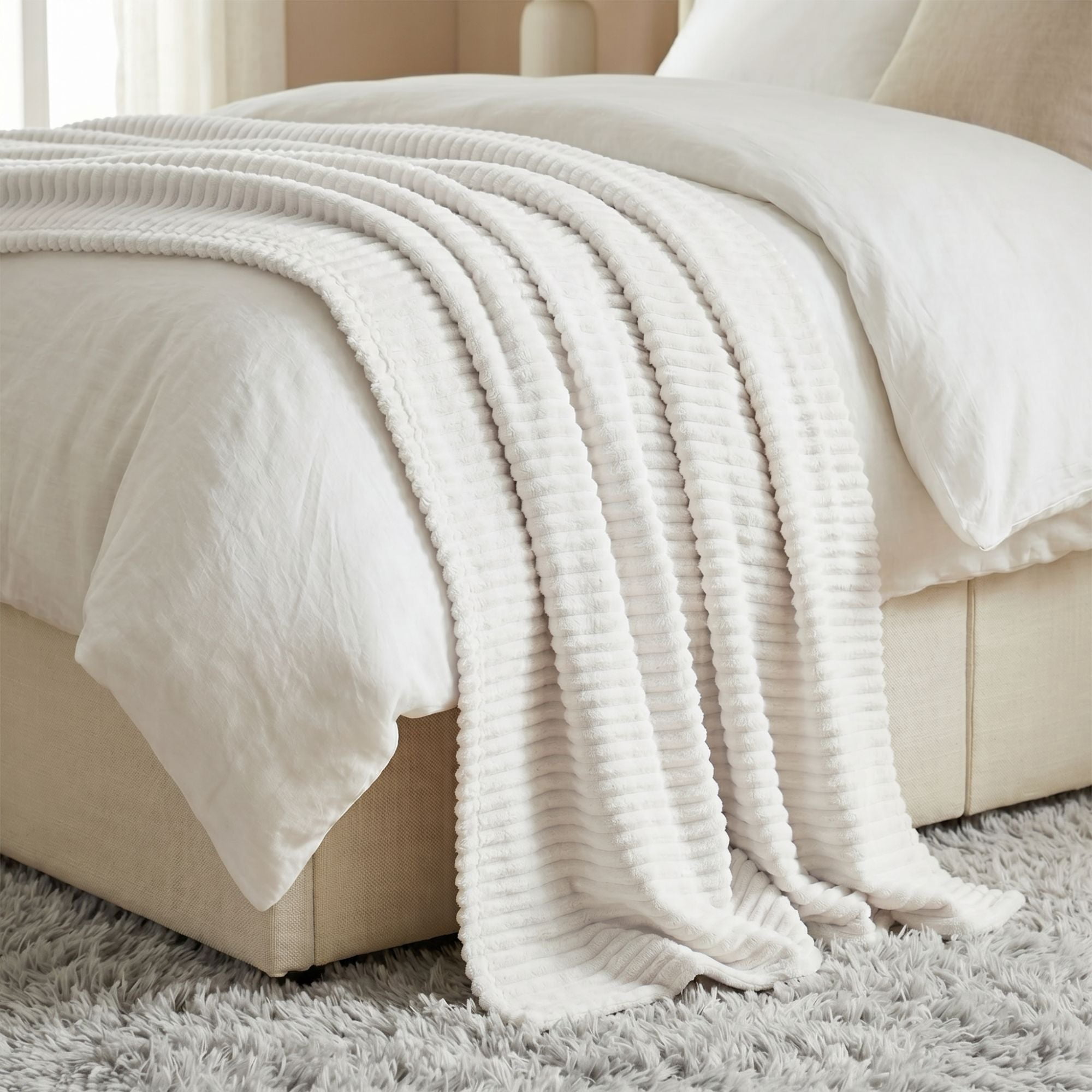 Superior Kacey Ribbed Fluffy Fleece Blanket, Twin Size, White