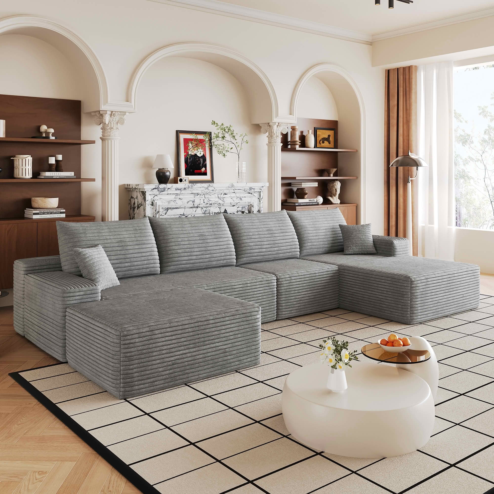 MAYEERTY 135" Cloud U-Shaped Sectional Sofa with 1 Ottoman, Plush Corduroy Deep Seat Modular Couch, No Assembly Minimalist Sofa for Living Room Apartment