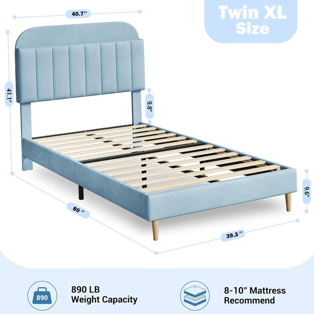Eastvita Twin XL Bed Frame with Bookcase Headboard - Upholstered Platform/Wooden Slats/Blue/No Box Spring