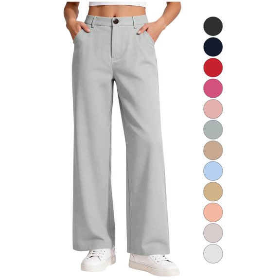 School Uniform Pants Girls Back Elastic Waist Straight Leg Pants 5-15Y High Waist Trousers with Pockets School Uniform Casual Daily Wear