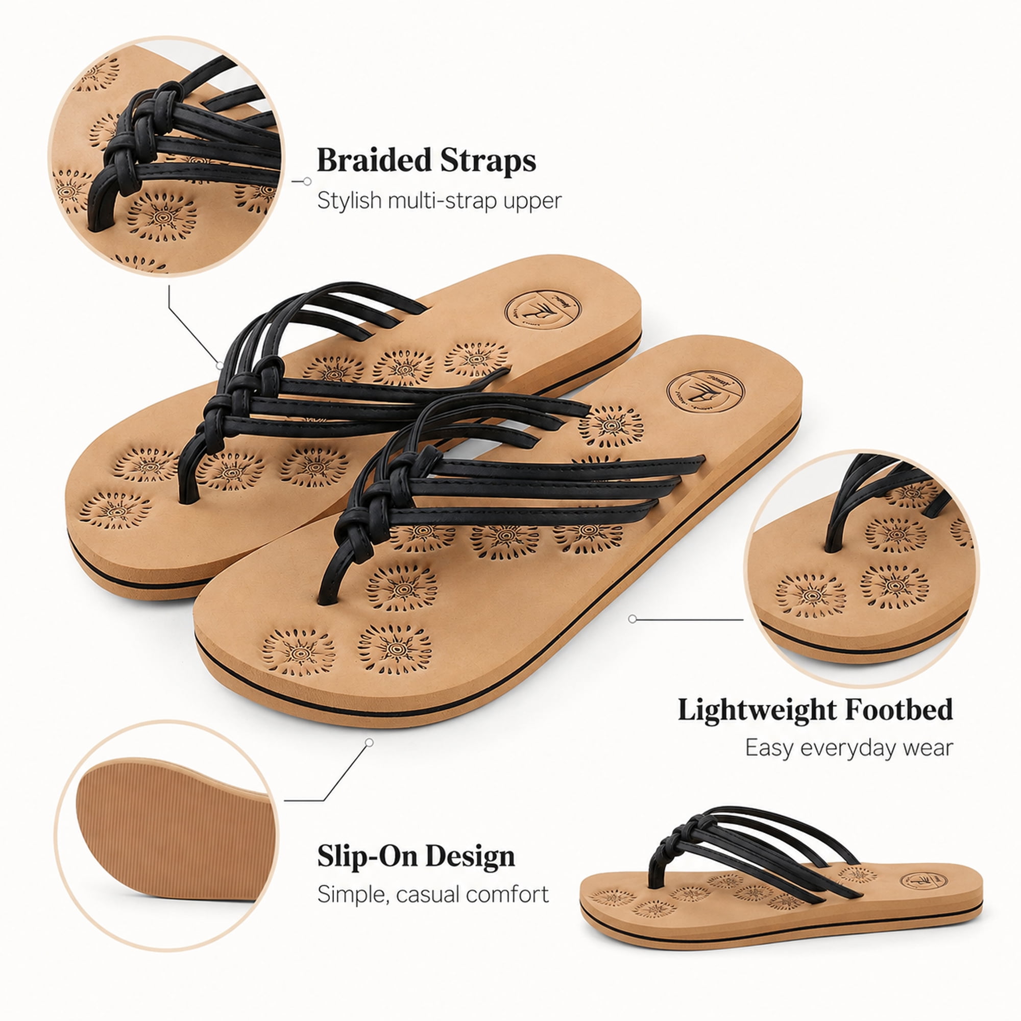 Women’s Braided Thong Sandals – Summer Flip-Flops with Non-Slip Rubber Sole – Casual Beach & Pool Slip-On