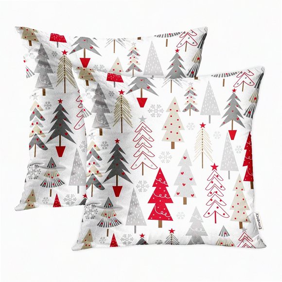 Seasonal Tree Pattern Throw Pillow Covers - Set of 2 Decorative Cushion Cases, Red Print, 16x16 Inch Square Pillowcase Cover