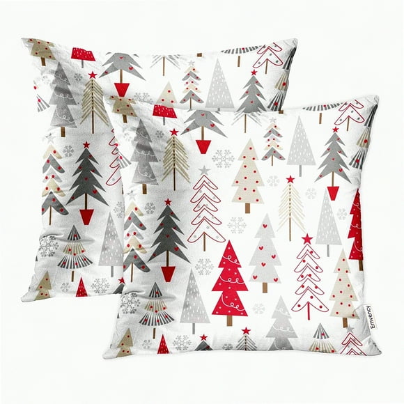 Seasonal Tree Pattern Throw Pillow Covers - Set of 2 Decorative Cushion Cases, Red Print, 16x16 Inch Square Pillowcase Cover
