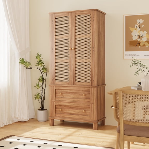 Maritcute Kitchen Pantry Cabinet with Rattan Doors, 2 Drawers, Adjustable Shelves, Suitable for Kitchen and Dining Room, Walnut Finish