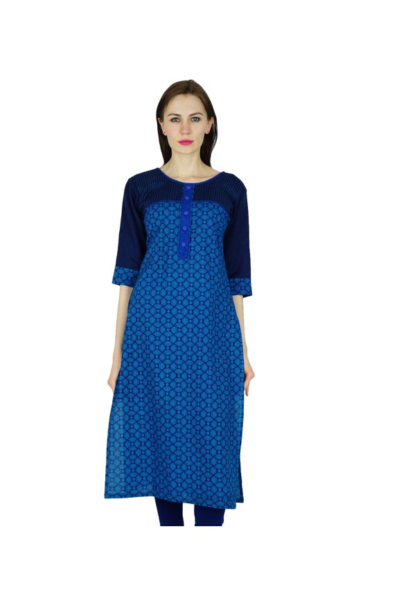 Women Straight Cotton Kurta Long Kurti 3/4 Sleeve Blue Top Ethnic Indian