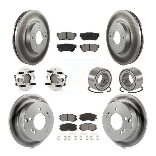 Transit Auto Front Rear Hub Bearing Assembly Coated Disc Brake Rotor and Semi-Metallic Pads Kit (10Pc) for Car 2005 Hyundai Sonata 4-Wheel ABS From 03 01 05 Left Right Driver Passenger Side KBB-107990