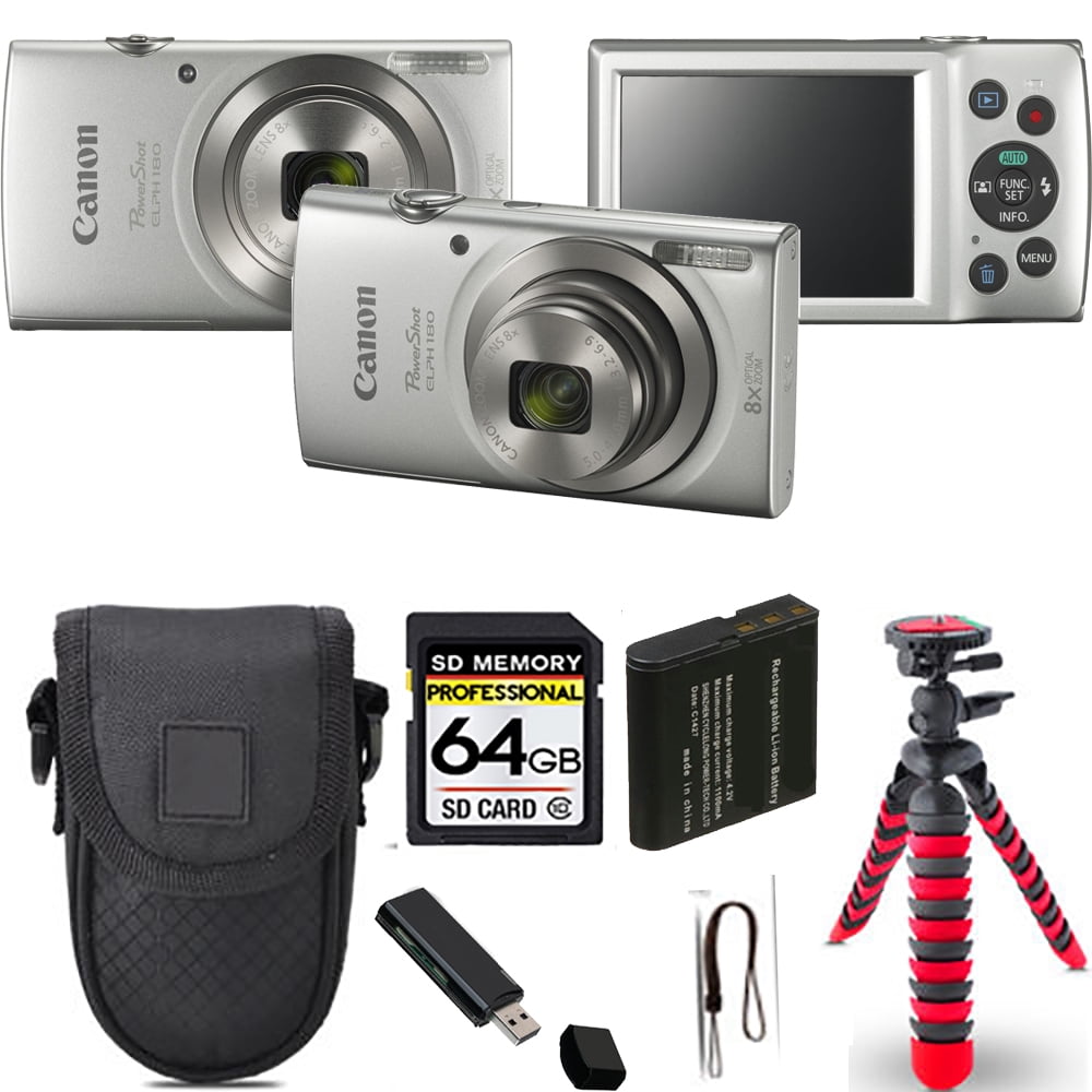 Canon PowerShot ELPH 180 Camera (Silver) + Spider Tripod + Case 64GB